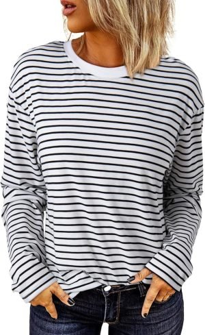 71TGjn-ZPCL._AC_SL1500 Women's Casual Striped Long Sleeve Tops Crew Neck Knit Ribbed Basic T Shirts