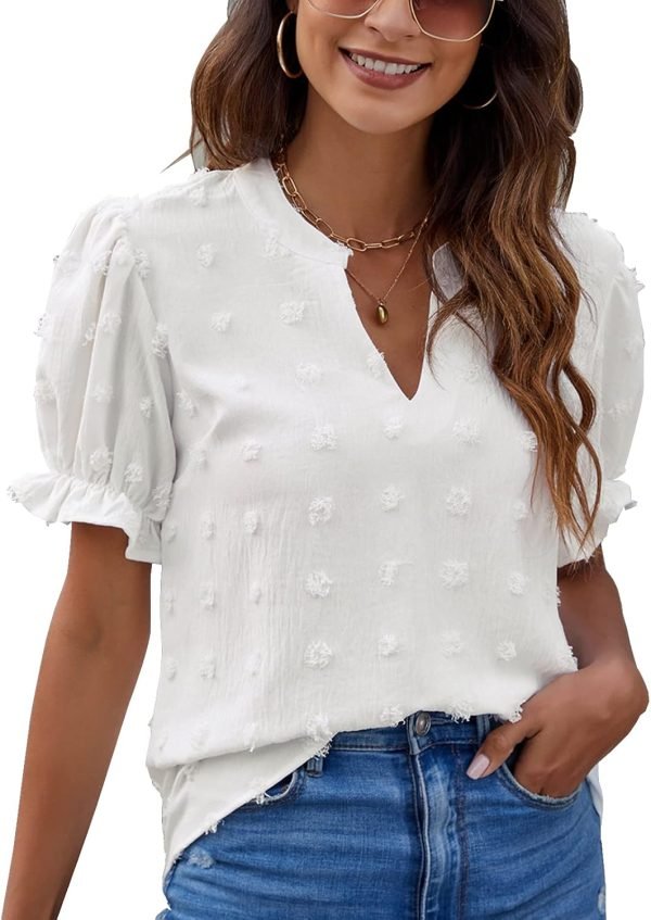 Womens Puff Sleeve Summer Tops Chiffon Short Sleeve Blouses White V Neck Pom Pom Shirts