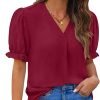 Women Dressy Casual Puff Short Sleeve Summer Tops V Neck Work Blouses