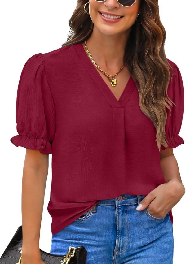 Women Dressy Casual Puff Short Sleeve Summer Tops V Neck Work Blouses