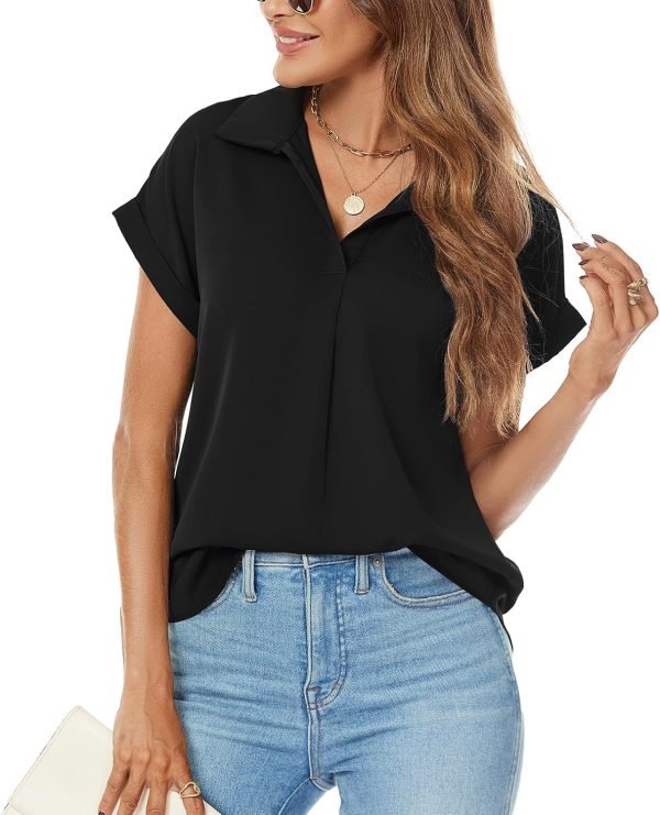 Women's Bat Wing V Neck Short Sleeve Chiffon Blouses for Office Work Business Attire Collared Casual Summer Shirts
