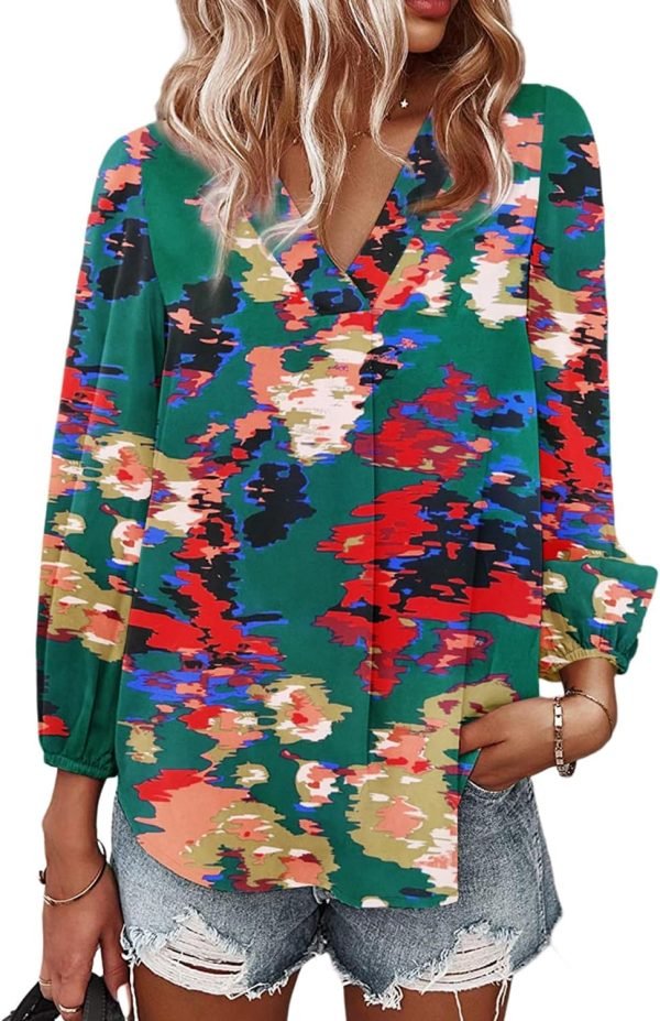 Women's Long Sleeve V Neck Shirt Dressy Pleated Top Casual Loose Chiffon Blouses