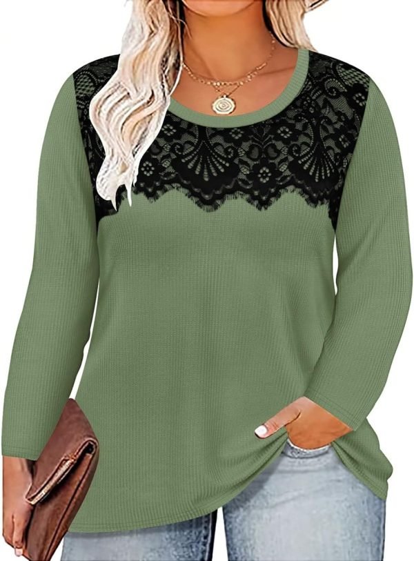 Plus Size Lace Tops for Women Long Sleeve Crewneck Pullover Fall T-shirts Tunics Basic Tees T-Shirts XL-5XL