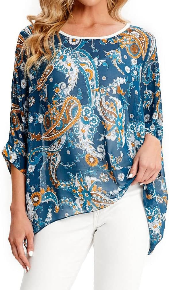 Women Chiffon Blouse Floral Batwing Sleeve Beach Cover Loose Tunic Shirt Tops