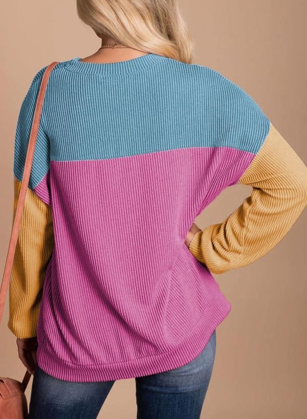 Womens Fashion 2024 Color Block Long Sleeve Crewneck Knitted Casual Loose Pullover Shirts Tops