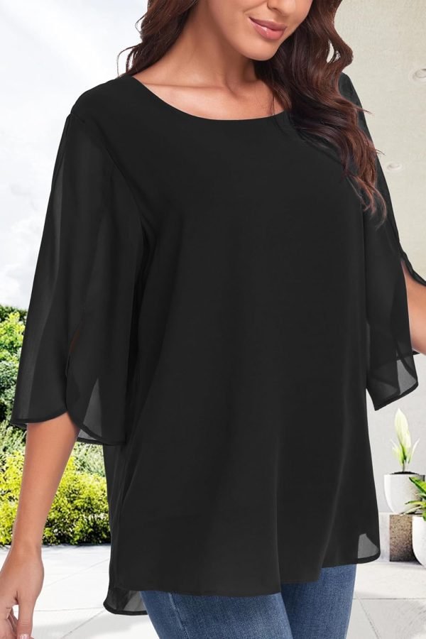 Womens Tops Dressy Casual Summer Chiffon Blouse 3/4 Sleeve Loose Mesh Tunic Shirts