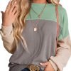 Womens Fashion 2024 Color Block Long Sleeve Crewneck Knitted Casual Loose Pullover Shirts Tops