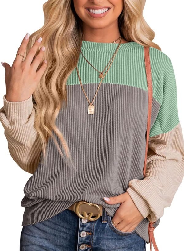 Womens Fashion 2024 Color Block Long Sleeve Crewneck Knitted Casual Loose Pullover Shirts Tops