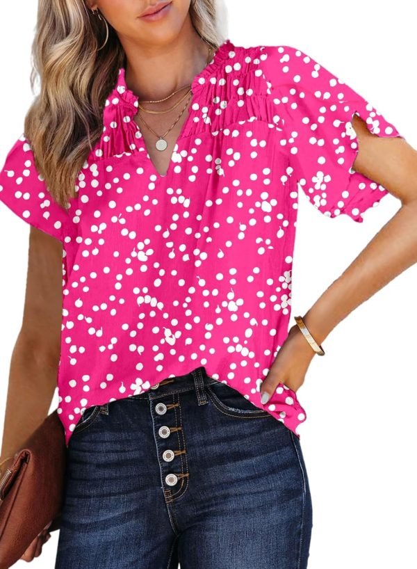 Women's Casual V Neck Alicia Floral Print Smocked Short Sleeve Chiffon Blouses Bohemian Top Shirts