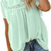 Womens Crewneck Lace Crochet Pom Pom Flowy Short Sleeve Casual Shirts Blouses Tops