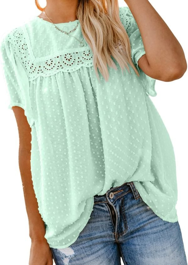 Womens Crewneck Lace Crochet Pom Pom Flowy Short Sleeve Casual Shirts Blouses Tops
