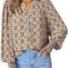71VDqjk8b8L._AC Women's Casual V Neck Easel Floral Print Long Sleeve Blouses Smocked Button Down Shirts Bohemian Top