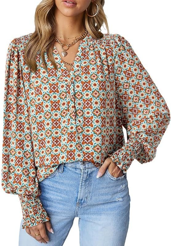 71VDqjk8b8L._AC Women's Casual V Neck Easel Floral Print Long Sleeve Blouses Smocked Button Down Shirts Bohemian Top