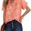 Women's Casual V Neck Floral Print Smocked Short Sleeve Chiffon Blouses Bohemian Top Shirts