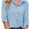 Womens Button Down Shirts V Neck Roll Up 3/4 Length Sleeve Tops Elegant Dressy Blouses Business Casual Outfits