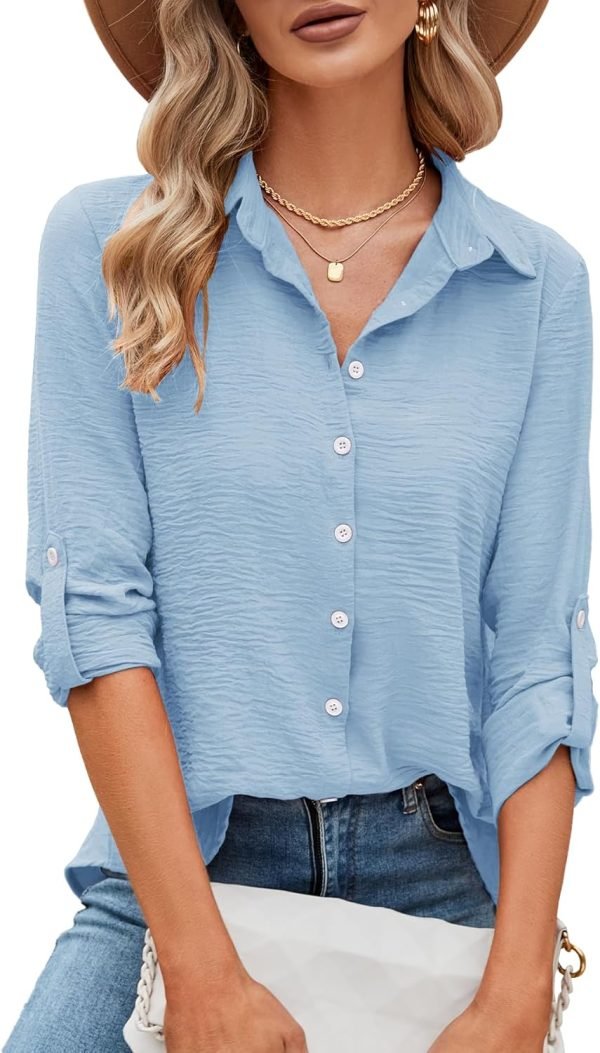Womens Button Down Shirts V Neck Roll Up 3/4 Length Sleeve Tops Elegant Dressy Blouses Business Casual Outfits