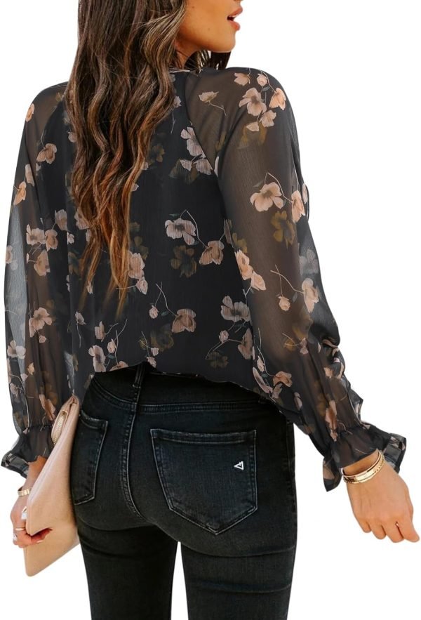 Womens Casual Boho Floral Print V Neck Long Sleeve Blouses Button Down Shirts Dressy Chiffon Loose Ruffle Tops