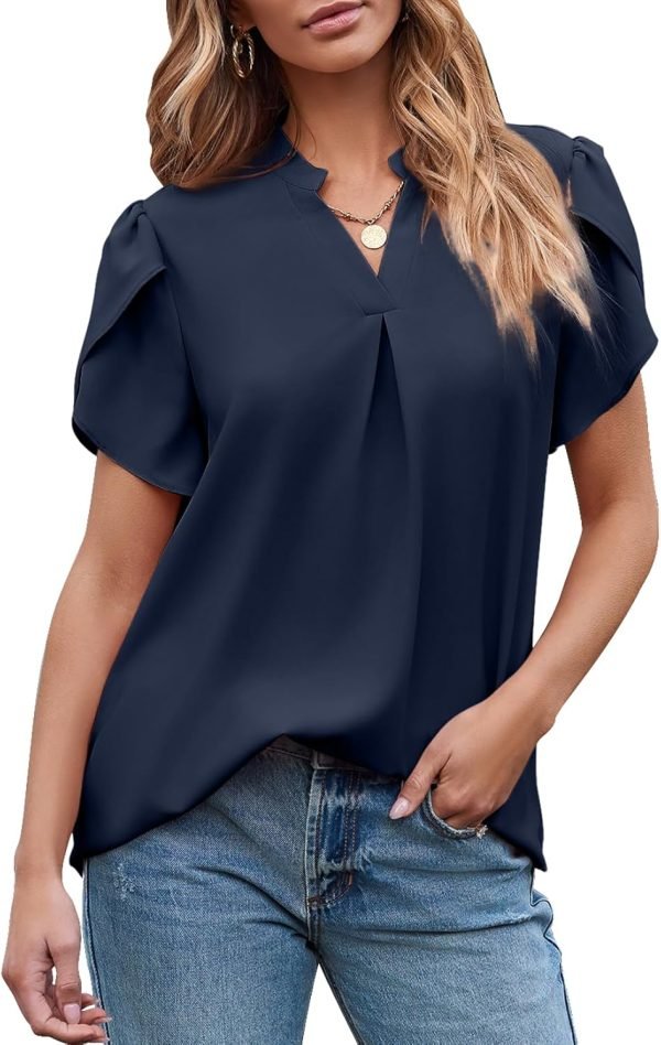 Women's Dressy Casual Business Work Chiffon Blouses Tops Summer V Neck Cute Loose Petal Short Sleeve T-Shirts