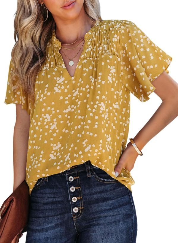 Women's Casual V Neck Floral Print Smocked Short Sleeve Chiffon Blouses Bohemian Top Shirts