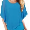 Women's Lightweight Flowy Shirt Double-Layered Printed Chiffon Poncho Blouse Top