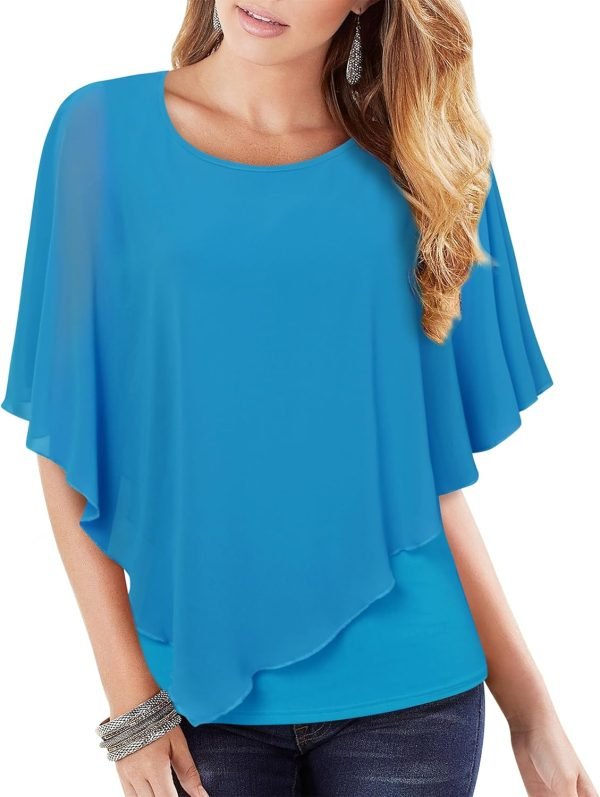 Women's Lightweight Flowy Shirt Double-Layered Printed Chiffon Poncho Blouse Top