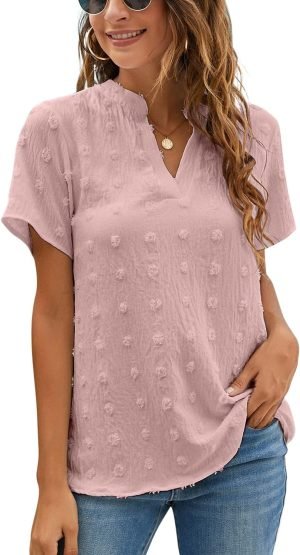 Womens White Chiffon Blouses Short Sleeve V Neck Shirts Summer Casual Polka Dot Tops