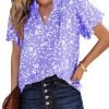 Women's Casual V Neck Floral Print Smocked Short Sleeve Chiffon Blouses Bohemian Top Shirts