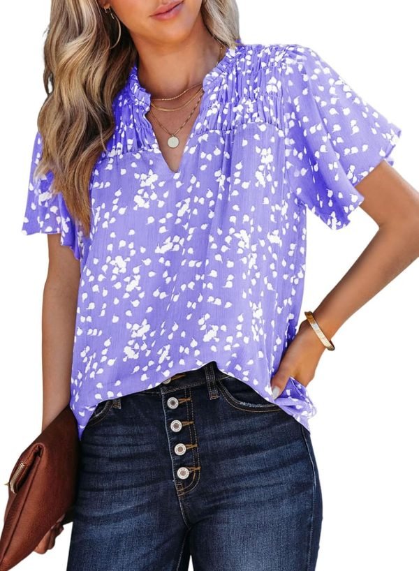 Women's Casual V Neck Floral Print Smocked Short Sleeve Chiffon Blouses Bohemian Top Shirts