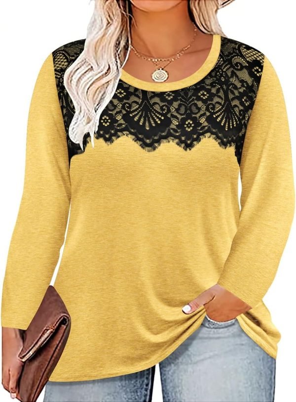 Plus Size Lace Tops for Women Long Sleeve Crewneck Pullover Fall T-shirts Tunics Basic Tees T-Shirts XL-5XL