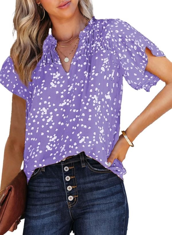 Women's Casual V Neck Alicia Floral Print Smocked Short Sleeve Chiffon Blouses Bohemian Top Shirts