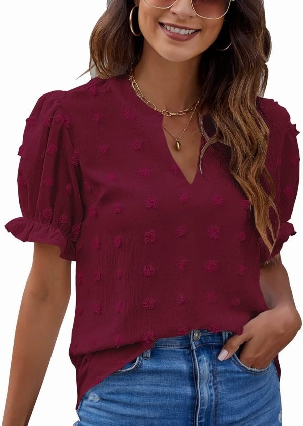 Womens Puff Sleeve Summer Tops Chiffon Short Sleeve Blouses White V Neck Pom Pom Shirts