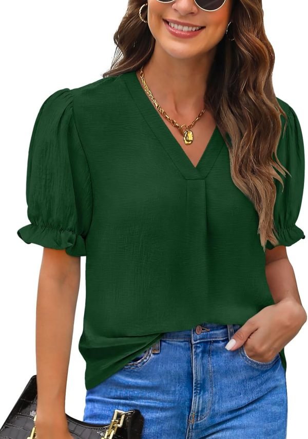 Women Dressy Casual Puff Short Sleeve Summer Tops V Neck Work Blouses