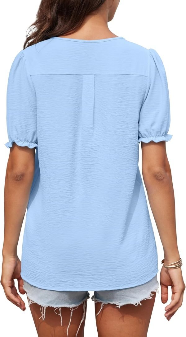 Women Dressy Casual Puff Short Sleeve Summer Tops V Neck Work Blouses