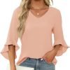 Chiffon Blouses for Women Ruffle 3/4 Sleeve Dressy V Neck Casual Flowy Tunic Tops