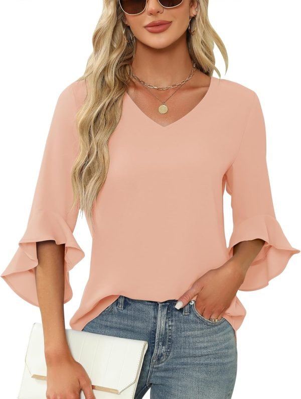 Chiffon Blouses for Women Ruffle 3/4 Sleeve Dressy V Neck Casual Flowy Tunic Tops