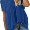 Womens Crewneck Lace Crochet Pom Pom Flowy Short Sleeve Casual Shirts Blouses Tops