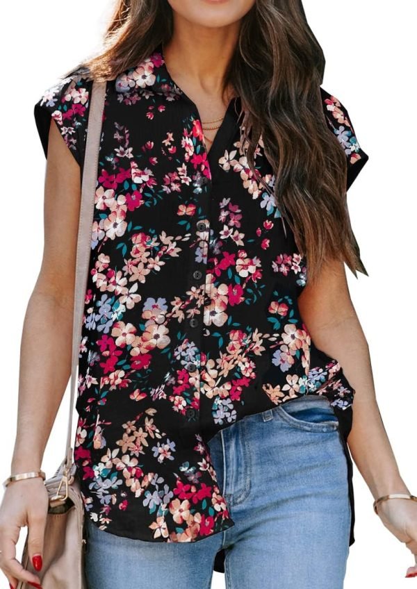 Women's V Neck Short Sleeve Button Down Shirts Casual Chiffon Blouses Tops