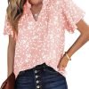 Women's Casual V Neck Floral Print Smocked Short Sleeve Chiffon Blouses Bohemian Top Shirts