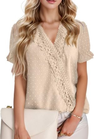 71XW2DTqQnL._AC_SL1500 Chiffon Blouse for Womens Dressy Casual Short Sleeve Shirt V Neck Swiss Dot Top