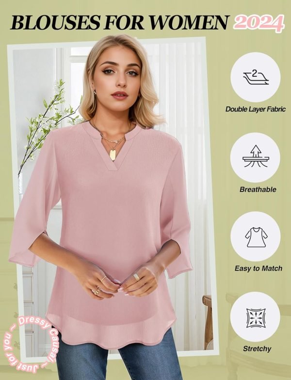 Women's 3/4 Sleeve Chiffon Blouses for Women Dressy Casual, V Neck Double Layers Chiffon Blouses 2024, Tunic Tops