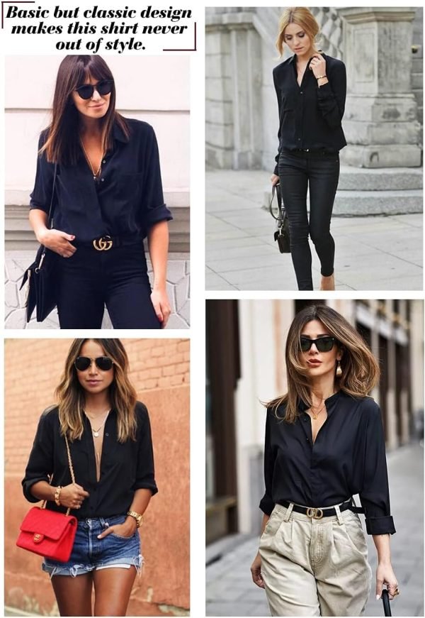 Women Button Down Shirts with Pockets Long Sleeve Office Blouses Casual Business Tops Slim Fit Chiffon Shirts S-XXL