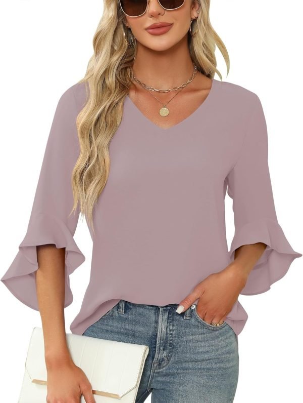 Chiffon Blouses for Women Ruffle 3/4 Sleeve Dressy V Neck Casual Flowy Tunic Tops