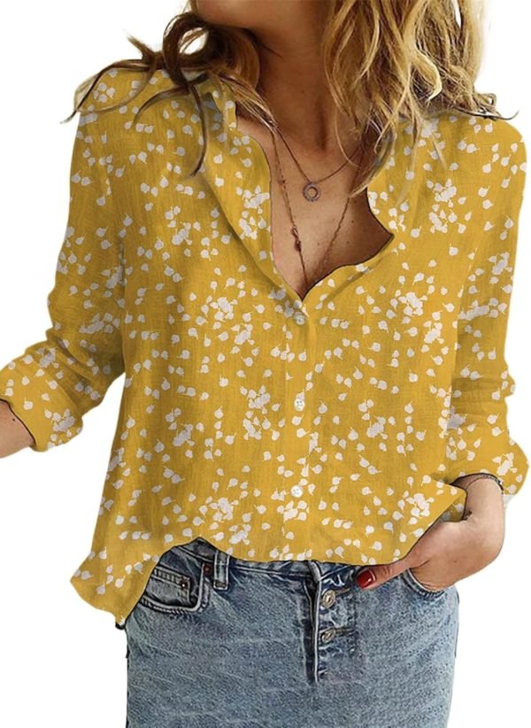 Women's Casual V Neck Alicia Floral Print Roll Up Long Sleeve Chiffon Button Down Blouses Bohemian Top Shirts