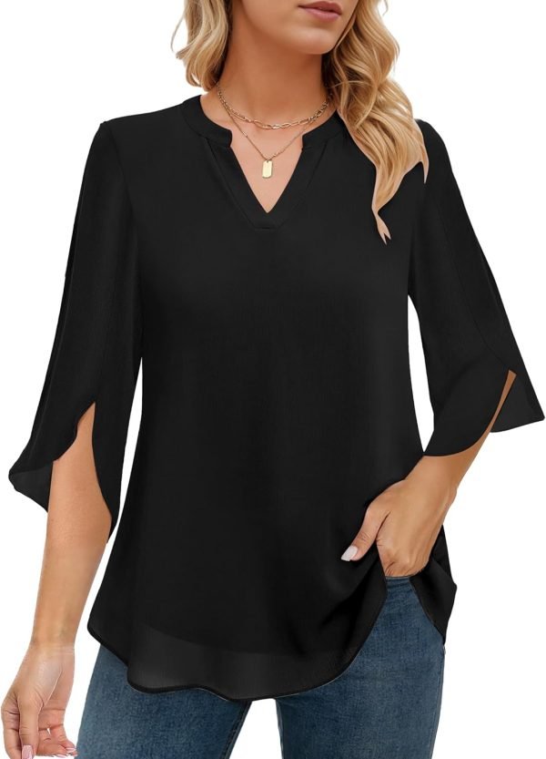 Women's 3/4 Sleeve Chiffon Blouses for Women Dressy Casual, V Neck Double Layers Chiffon Blouses 2024, Tunic Tops