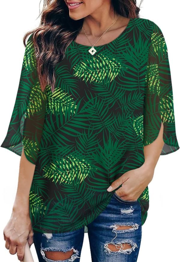 Womens Tops Dressy Casual Summer Chiffon Blouse 3/4 Sleeve Loose Mesh Tunic Shirts