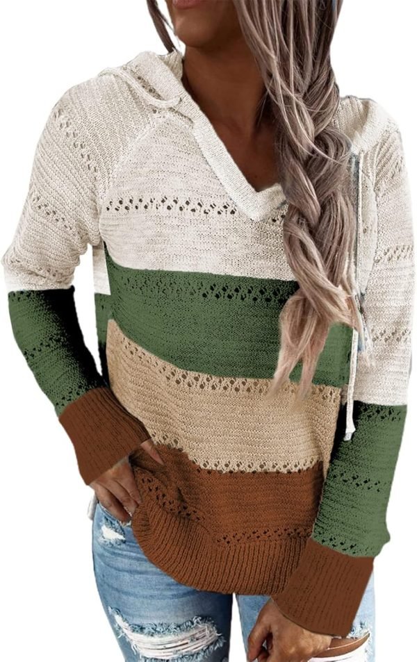 Women Color Block Hooded Crochet Striped Sweaters Lightweight Drawstring Hoodies Pullover Trendy Sweatshirts