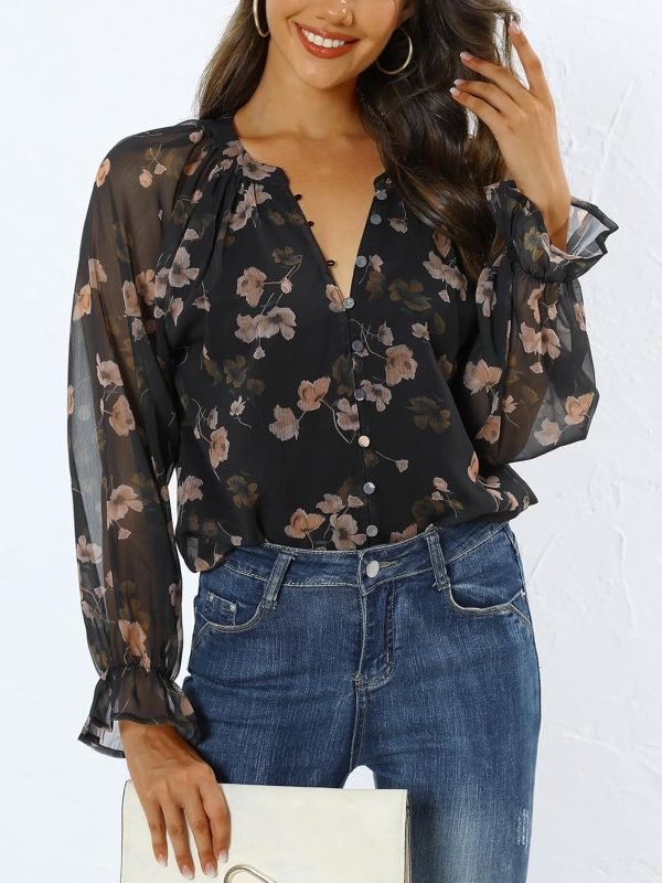 Womens Casual Boho Floral Print V Neck Long Sleeve Blouses Button Down Shirts Dressy Chiffon Loose Ruffle Tops
