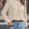 Womens Tops Dressy Casual Pleated Crew Neck Long Sleeve Shirts Office Work Chiffon Blouses