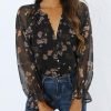 Womens Casual Boho Floral Print V Neck Long Sleeve Blouses Button Down Shirts Dressy Chiffon Loose Ruffle Tops
