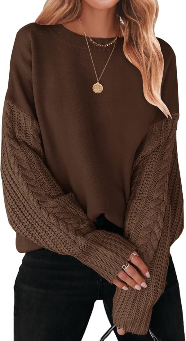 71ZxH09Cl2L._AC_SL1500 Women's 2024 Fall Long Sleeve Crew Neck Solid Color Cable Knit Chunky Casual Oversized Pullover Sweater Tops